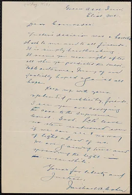 Michael A. Cohn autograph letter signed to Sacco-Vanzetti Defense Committee, Eliot, Me., [August 4?, 1927]