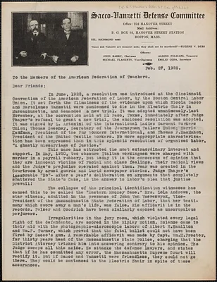 Emilio Coda (Sacco-Vanzetti Defense Committee) typed letter signed (copy) to members of the American Federation of Teachers, Boston, Mass., February 27, 1925