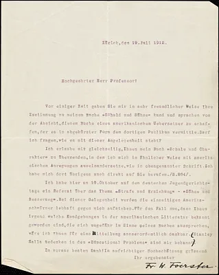 Foerster, Friedrich Wilhelm, 1869-1966 typed letter signed to Hugo Münsterberg, Zurich, 19 July 1912