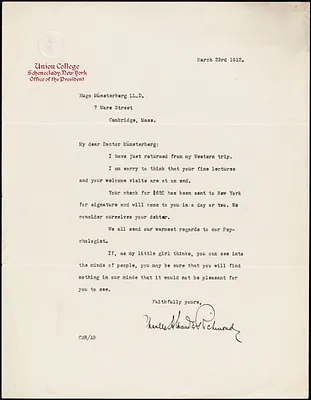Richmond, Charles Alexander, 1862-1940 typed letter signed to Hugo Münsterberg, Schenectady, N.Y., 23 March 1912