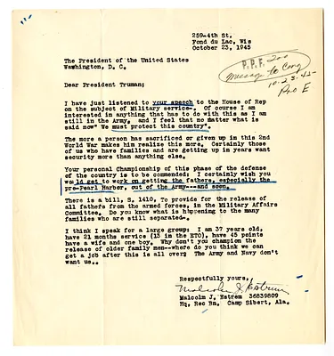 Letter from Malcolm Estrem to President Harry S. Truman