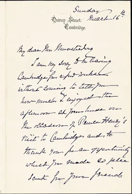 Agassiz, Elizabeth Cabot Cary, 1822-1907 autograph letter signed to Selma (Oppler) Münsterberg, 16 March 1902