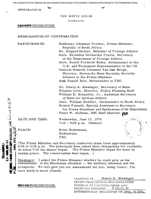 June 23, 1976 - Kissinger, South Africa Prime Minister Balthazar Johannes Vorster