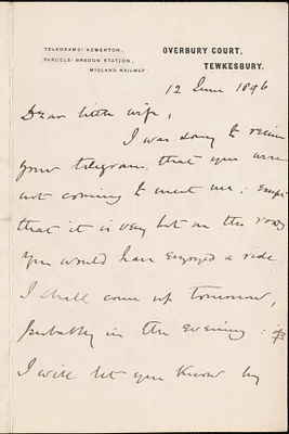 [John Biddulph Martin] autograph note [Victoria Woodhull Martin], Tewkesbury, [England], June 12, 1896