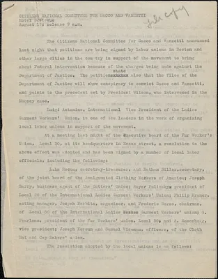 Citizens National Committee for Sacco and Vanzetti press release (copy), Boston, Mass., August 17, 1927