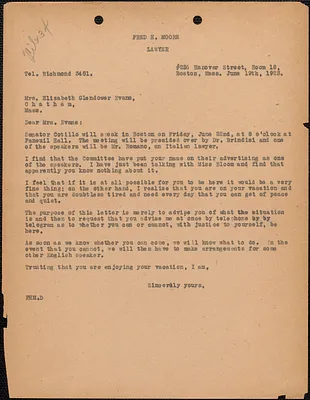 [Fred H. Moore] typed note to Elizabeth Glendower Evans, Boston, Mass., June 19, 1923