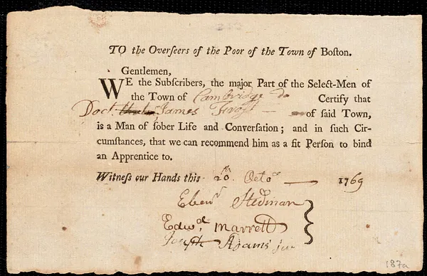 Ann Guthridge indentured to apprentice with James Frost of Cambridge, 21 October 1769