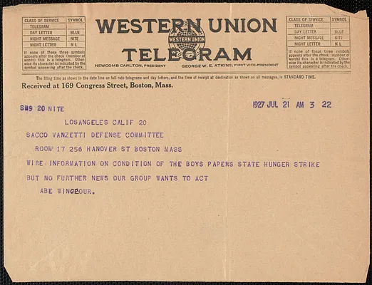 Abe Winocour telegram to Sacco-Vanzetti Defense Committee, Los Angeles, Calif., July 21, 1927
