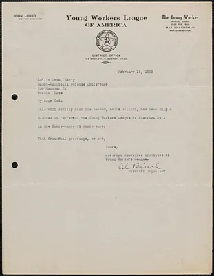 Al Binch (Young Workers League of America) typed note signed to Emilio Coda, Boston, Mass., February 15, 1925