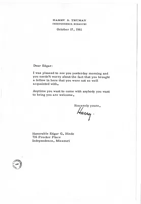 Letter from Harry S. Truman to Edgar Hinde
