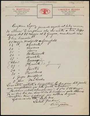 Carlo Tresca (Il Martello and Liberia Rossa) autograph letter signed, in Italian, to Frank R. Lopez, New York, N.Y., [May? 1924?]
