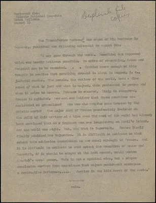 Citizens National Committee for Sacco and Vanzetti press release (copy), [Boston, Mass.], August 19, [1927]