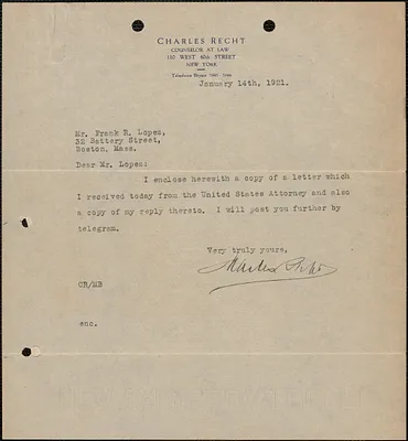 Charles Recht typed note signed to Frank R. Lopez, New York, N. Y., January 14,1921
