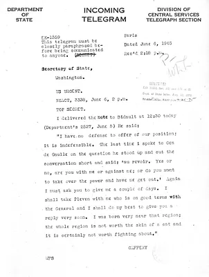 Telegram from Jefferson Caffery to Secrertary of State Edward Stettinius
