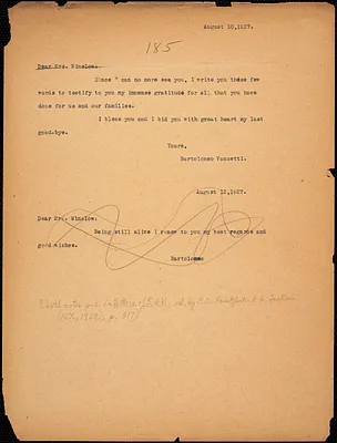 Bartolomeo Vanzetti typed note (copy) to Gertrude L. Winslow, [Charlestown], 10 August 1927