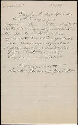 Fiorenzo Gianotlo autograph note signed, in Italian, to Emilio Coda, Rayland, Ohio, August 11, 1921