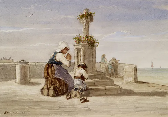 Woman and Child Kneeling Before a Cross