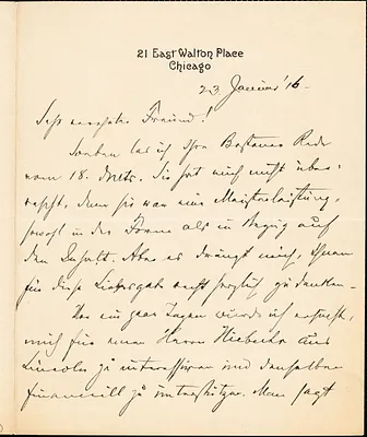 Rubens, Harry, 1850-1920 autograph letter signed to Hugo Münsterberg, Chicago, 23 January 1916