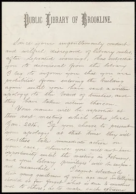 Notice to F. A. Halfenstine of action taken in response to his disregard of library rules
