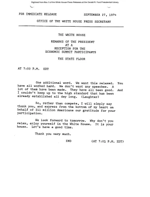 Remarks of the President at a Reception for the Economic Summit Participants - The State Floor [Ford Speech or Statement]