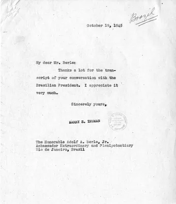 Correspondence Between President Harry S. Truman and Ambassador Adolf Berle, Jr., with Attachment