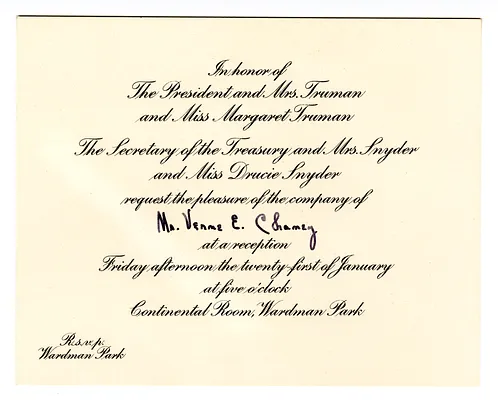 Invitation to Reception at Wardman Park Hotel