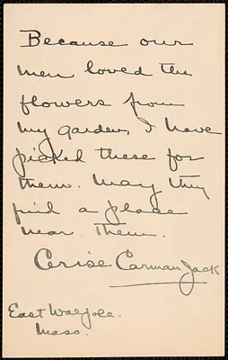 Cerise C. Jack autograph note signed (card) to Sacco-Vanzetti Defense Committee, [August 1927]