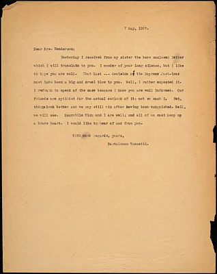 Bartolomeo Vanzetti typed letter (copy) to Jessica Henderson, [Dedham], 7 May 1927