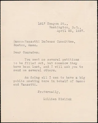 Lillian Kisliuk typed note signed to Sacco-Vanzetti Defense Committee, Washington, D.C., April 25, 1927