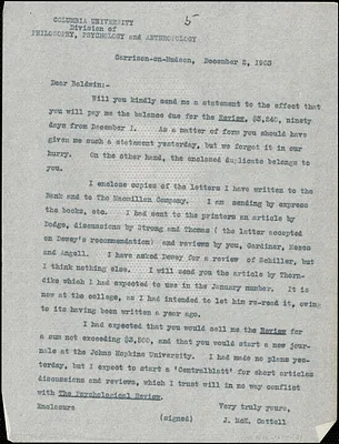 Cattell, James McKeen, 1860-1944 typed letter (copy) to J. Mark Baldwin, Garrison-on-Hudson, 2 December 1903