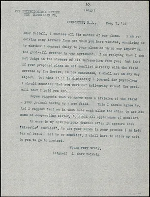 Baldwin, James Mark, 1861-1934 typed letter (copy) to J.Mc. K. Cattell, Princeton, N.J., 7 December 1903