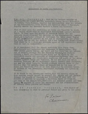 Fr. Zelms (Lettian Workers of Chicago) typed resolution, Chicago, Ill., [August 19, 1927?]