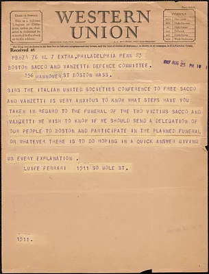 Luife Ferrari telegram to The Boston Sacco-Vanzetti Defense Committee, Philadelphia, Pa., August 23, 1927