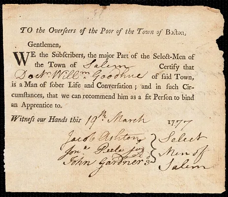 Benjamin Scott indentured to apprentice with William Goodhue, Jr. of Salem, 22 March 1777