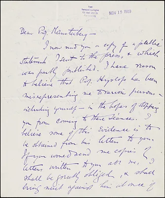 Carrington, Hereward, 1880-1959 autograph letter signed to Hugo Münsterberg, New York, 19 November 1909