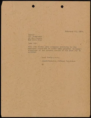 Sacco-Vanzetti Defense Committee typed letter (copy) to Editor, Il Progresso, Boston, Mass., February 22, 1924