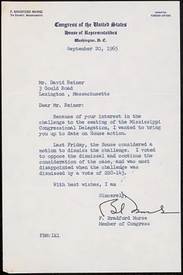 Letter to David Reiner from Congressman F. Bradford Morse about dismissal of challenge to seat of Mississippi Congressional Delegation