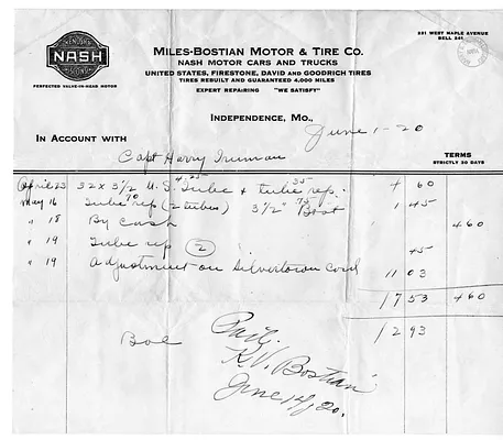 Bill from Miles-Bostian Motor and Tire Company for Harry S. Truman