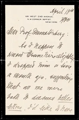 Matthews, Brander, 1852-1929 autograph letter signed to Hugo Münsterberg, New York, 10 April 1904
