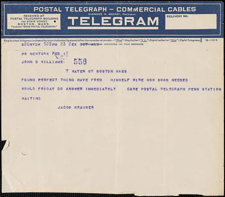 Jacob Krauser telegram to John D. Williams, New York, N. Y., February 12, [1923]