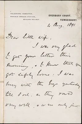 [John Biddulph Martin] autograph note to [Victoria Woodhull Martin, Tewkesbury, England], August 4, 1891