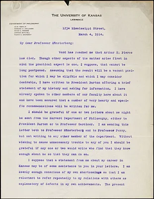 Rogers, David Camp typed letter signed to Hugo Münsterberg, Lawrence, Kan., 04 March 1914