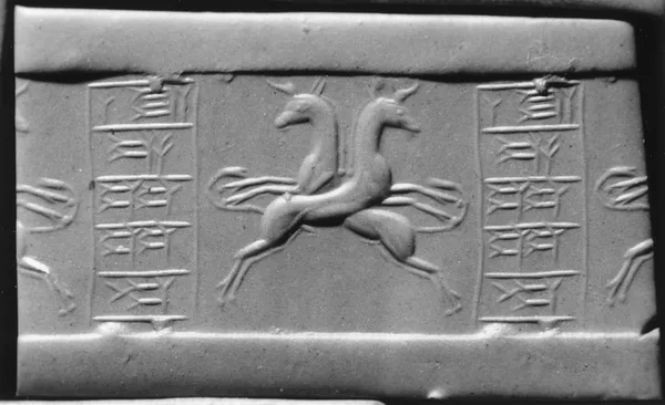 Cylinder Seal with Crossed Bulls and an Inscription