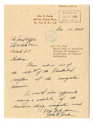 Letter from John A. Jordan to the White House Social Office