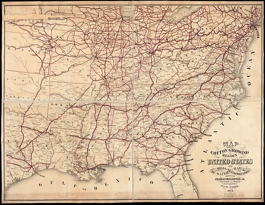 Map showing cotton growing region of the United States and means of transportation by water and rail