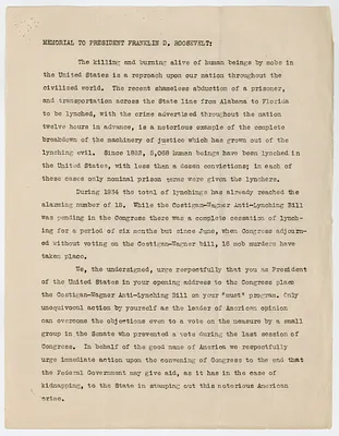 Petition to President Roosevelt to Support Anti-Lynching Legislation