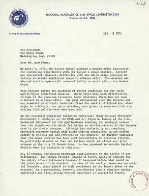 Letter from James Fletcher to President Gerald Ford Regarding Preparations for the Apollo-Soyuz Test Project