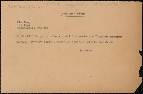 Mary Donovan telegram (copy) to [Gertrude] Winslow, Boston, Mass., [July 29, 1927]