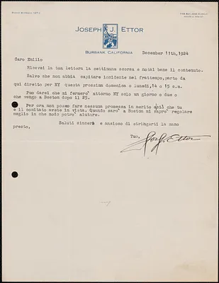 Joseph J. Ettor typed letter signed, in Italian, to Emilio Coda, Burbank. Calif., December 11, 1924