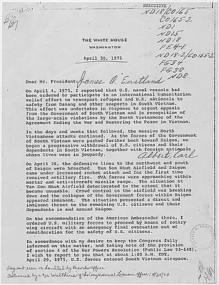 Letter from James O. Eastland, President Pro Tempore of the Senate to President Gerald R. Ford and a memorandum from Counsel to the President Philip Buchen to President Ford concerning the evacuation of U.S. citizens, third country nationals and South Vietnamese from Saigon.